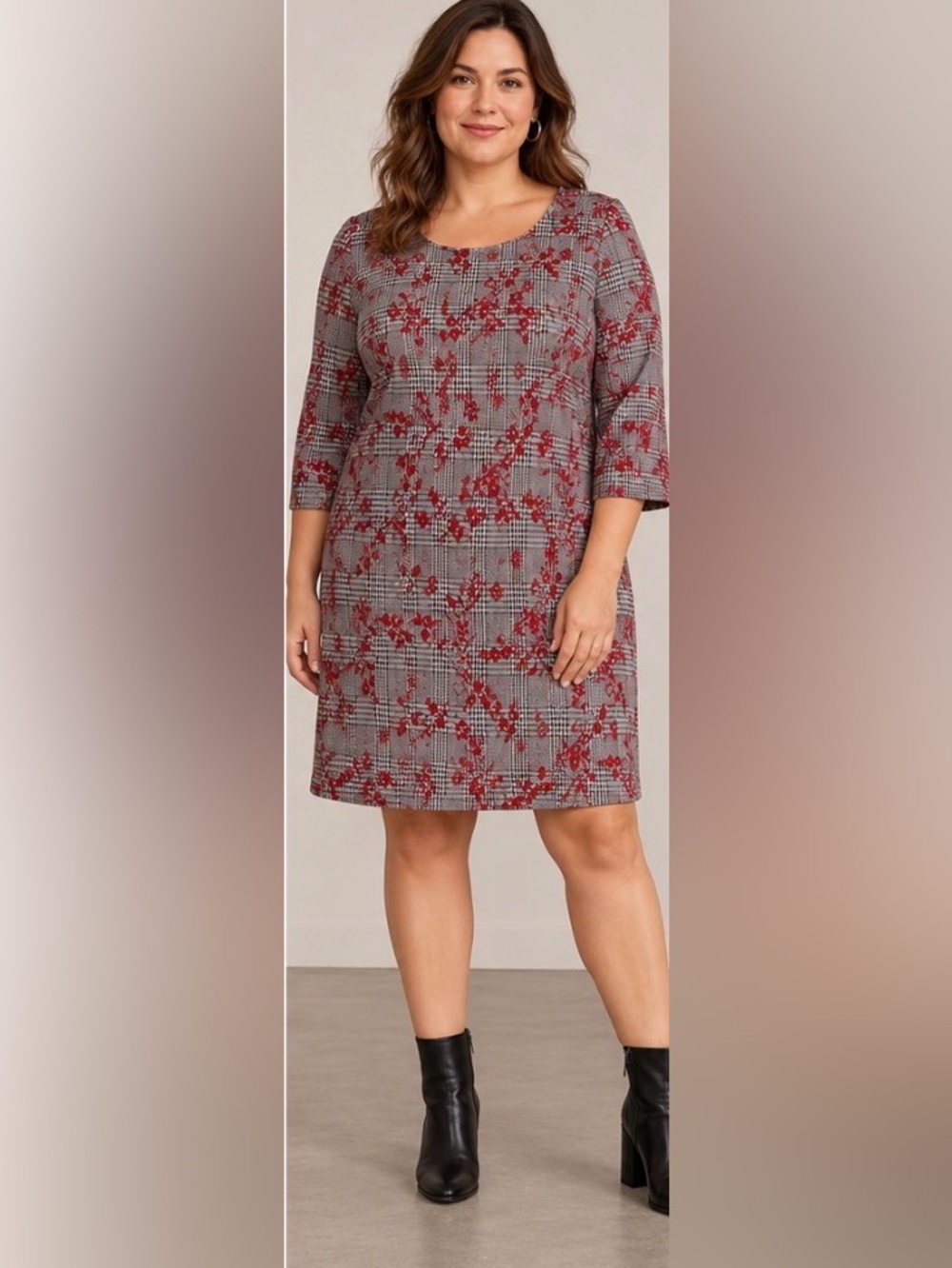 Nina Leonard Gray Plaid Midi Dress with Red Floral Overlay